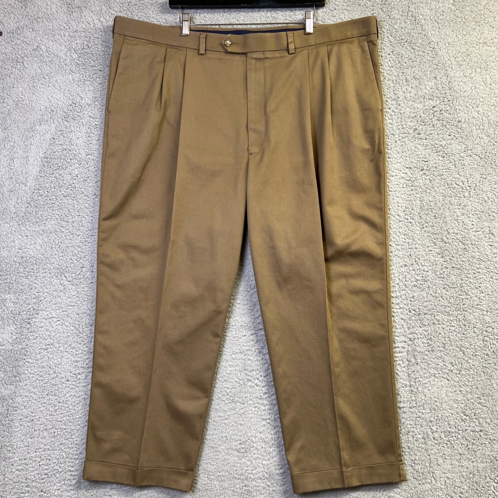 Roundtree & Yorke TravelSmart Dress Pants Men 46x28 Khaki Pleated CoreComfort